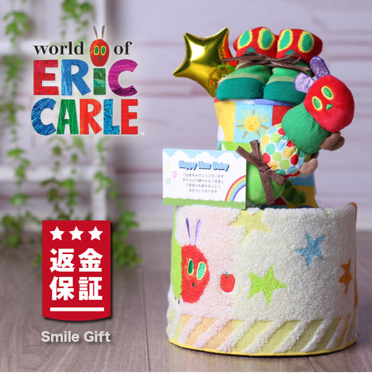 はらぺこあおむし 出産祝い おむつケーキ 2段 にぎにぎラトル ベビーソックス 女の子 男の子 キャラクターギフト ベビーシャワー用
