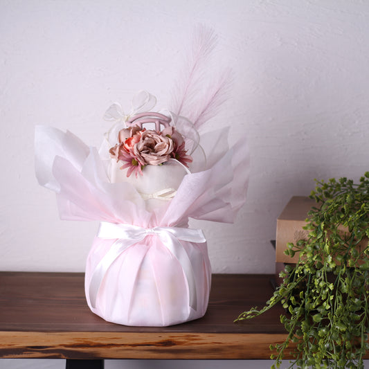 オーボールとブーケ　2段おむつケーキ　ピンク